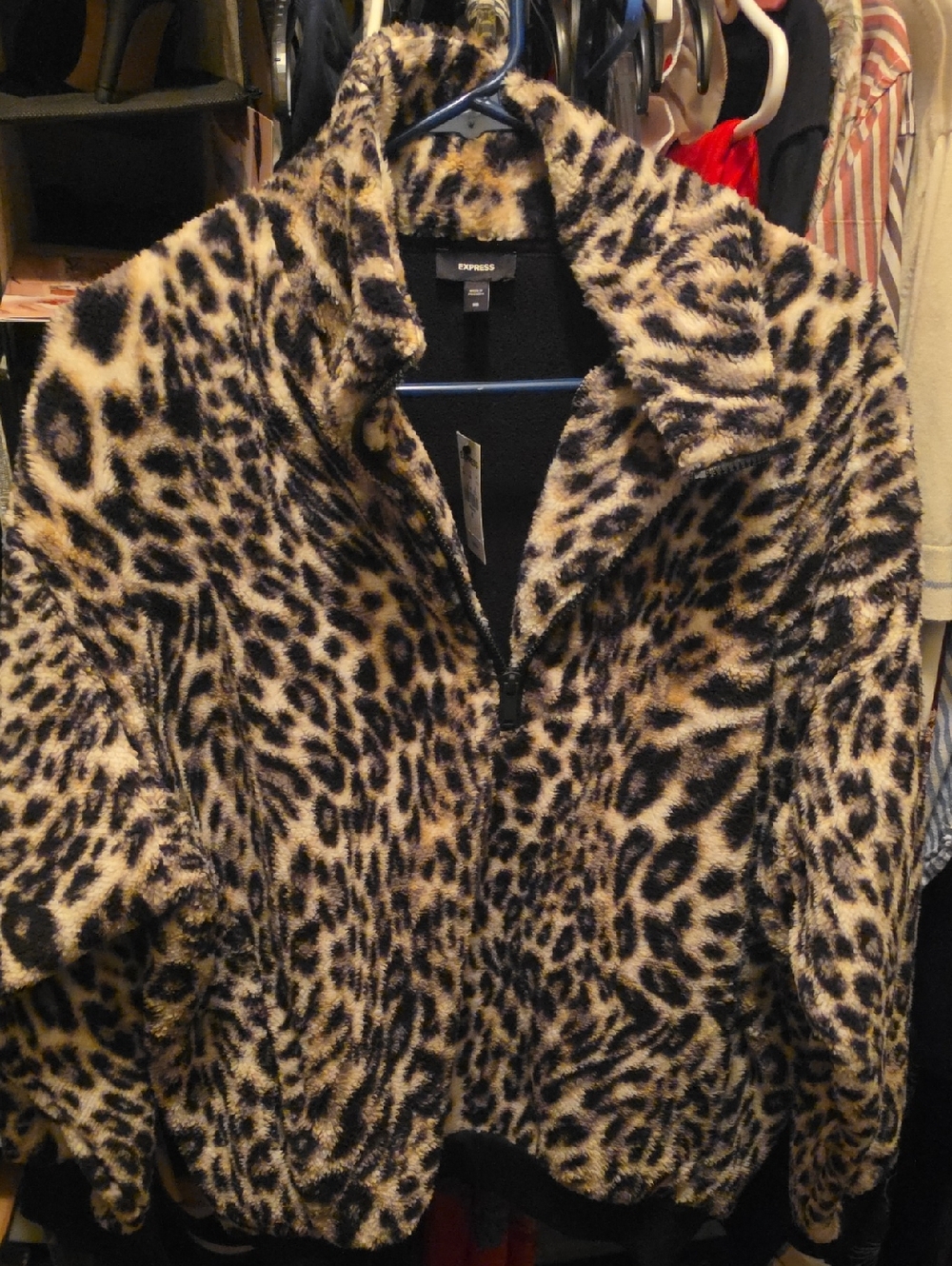 Express Leopard Print Faux Fur Zip Jacket - Tan & Black